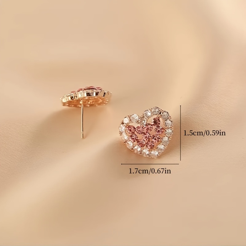 Pink Rhinestone Heart Stud Earrings 925 Sterling Silver Ear Needle